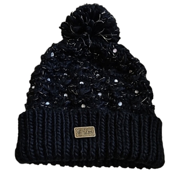 CHAOS Accessories - CHAOS Pompom Hat Beanie Black with Rhinestones and Gold Thread